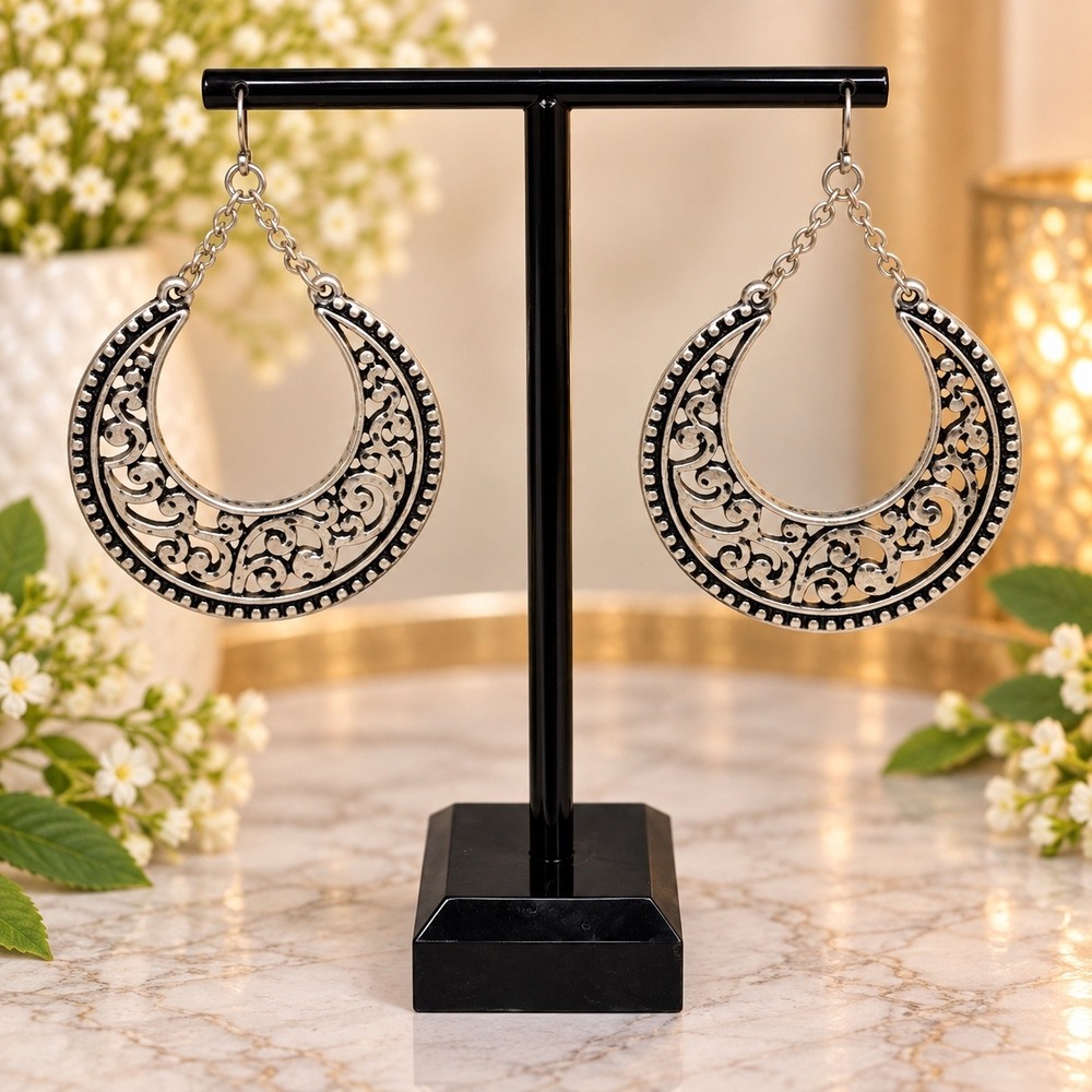 Silver Tone Filigree Teardrop Hoop Earrings Antique Style Boho Statement Jewelry